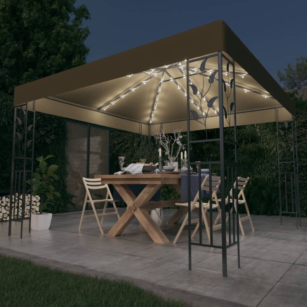 VidaXL Prieel met LED-lichtslinger 3x3m taupe