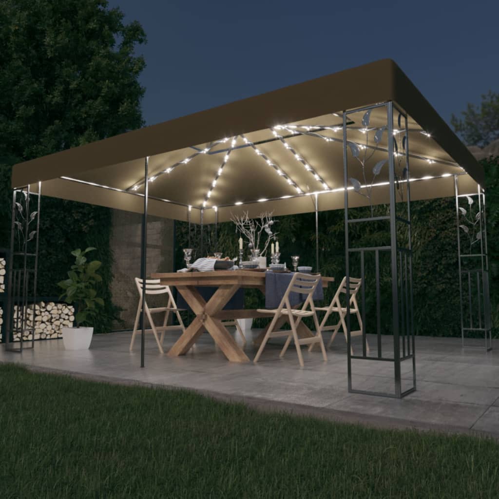 VidaXL Prieel met dubbel dak en LED-lichtslinger 3x4m taupe