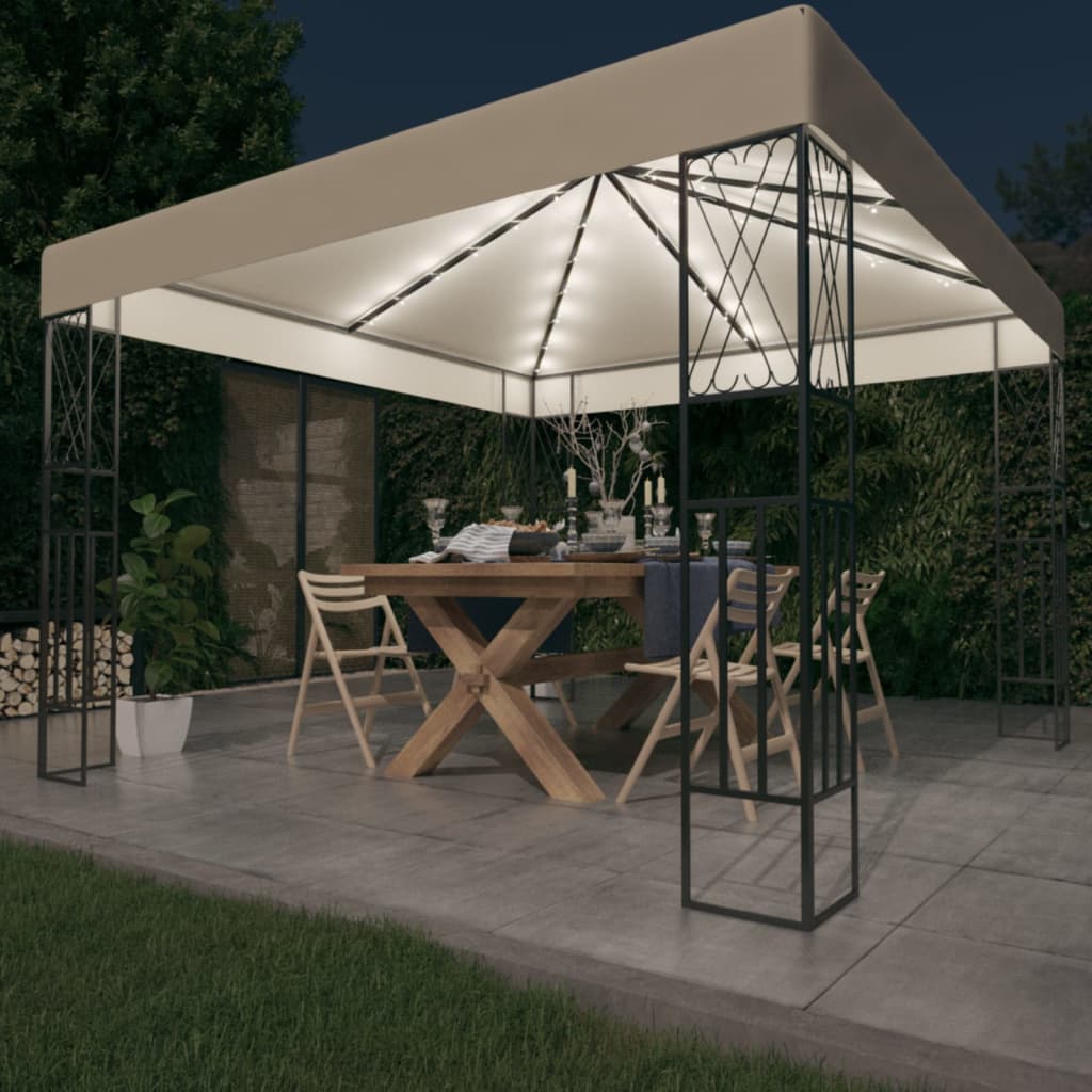 VidaXL Prieel met LED-lichtslinger 3x3m stof crèmekleurig