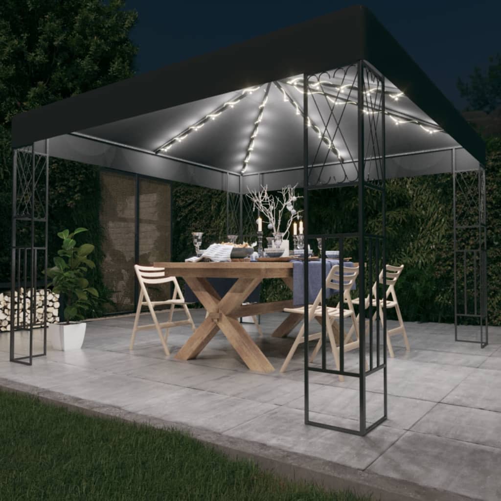 VidaXL Prieel met LED-lichtslinger 3x3m stof antracietkleurig