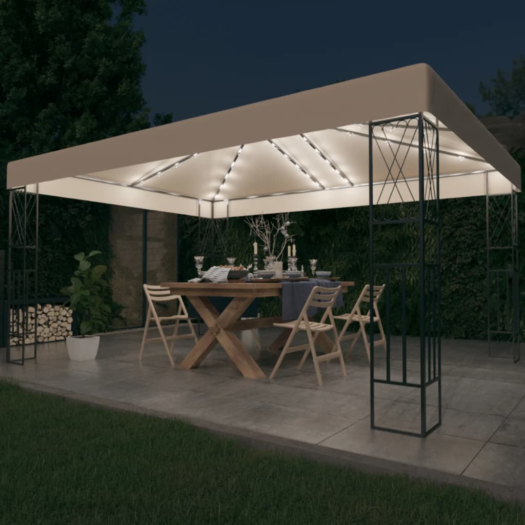 VidaXL Prieel met LED-lichtslinger 3x4m stof crèmekleurig