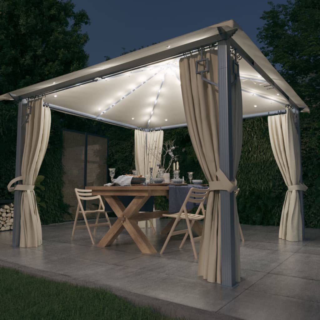 VidaXL Prieel met gordijn en LED-lichtslinger 3x3m aluminium crème