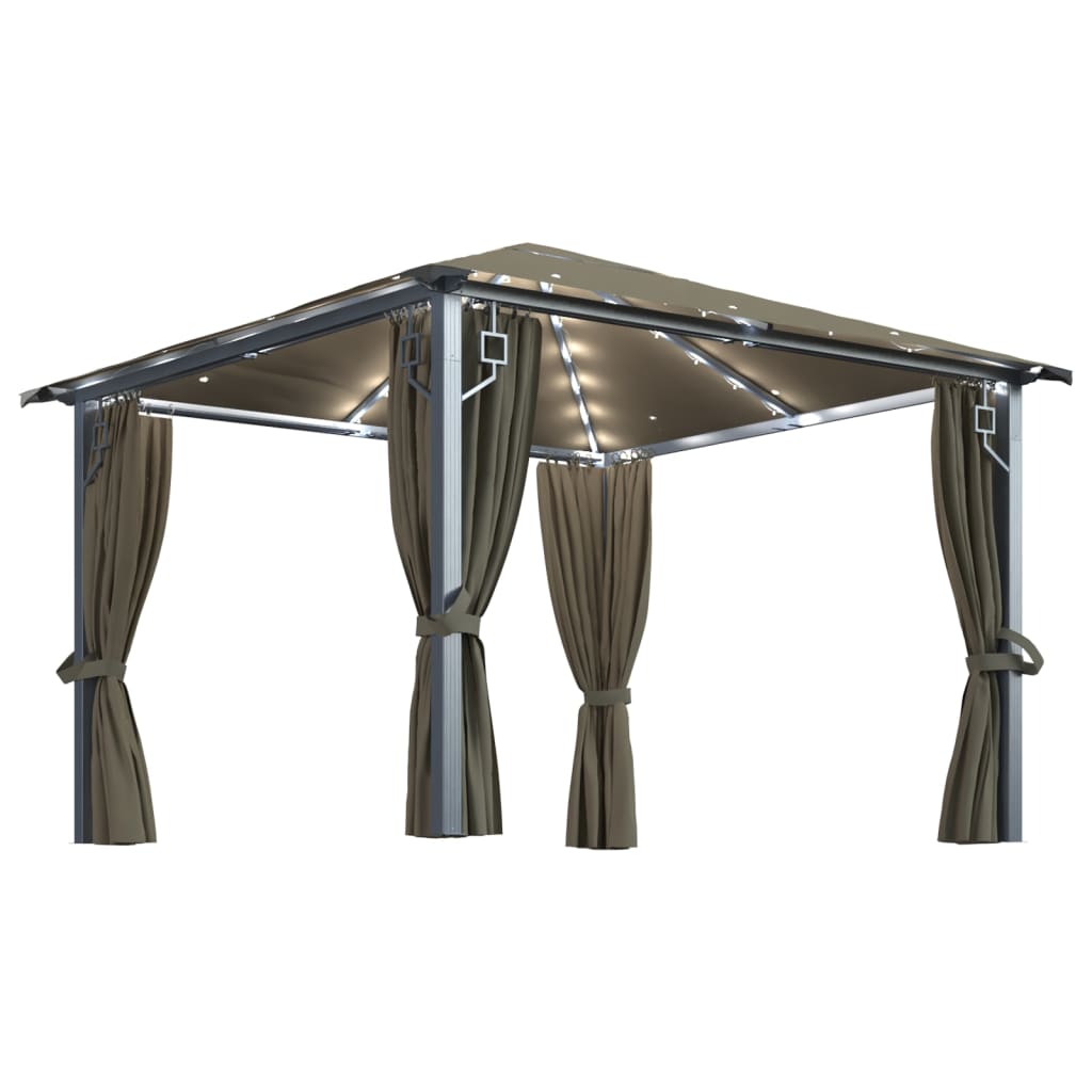 VidaXL Prieel met gordijn en LED-lichtslinger 3x3m aluminium taupe