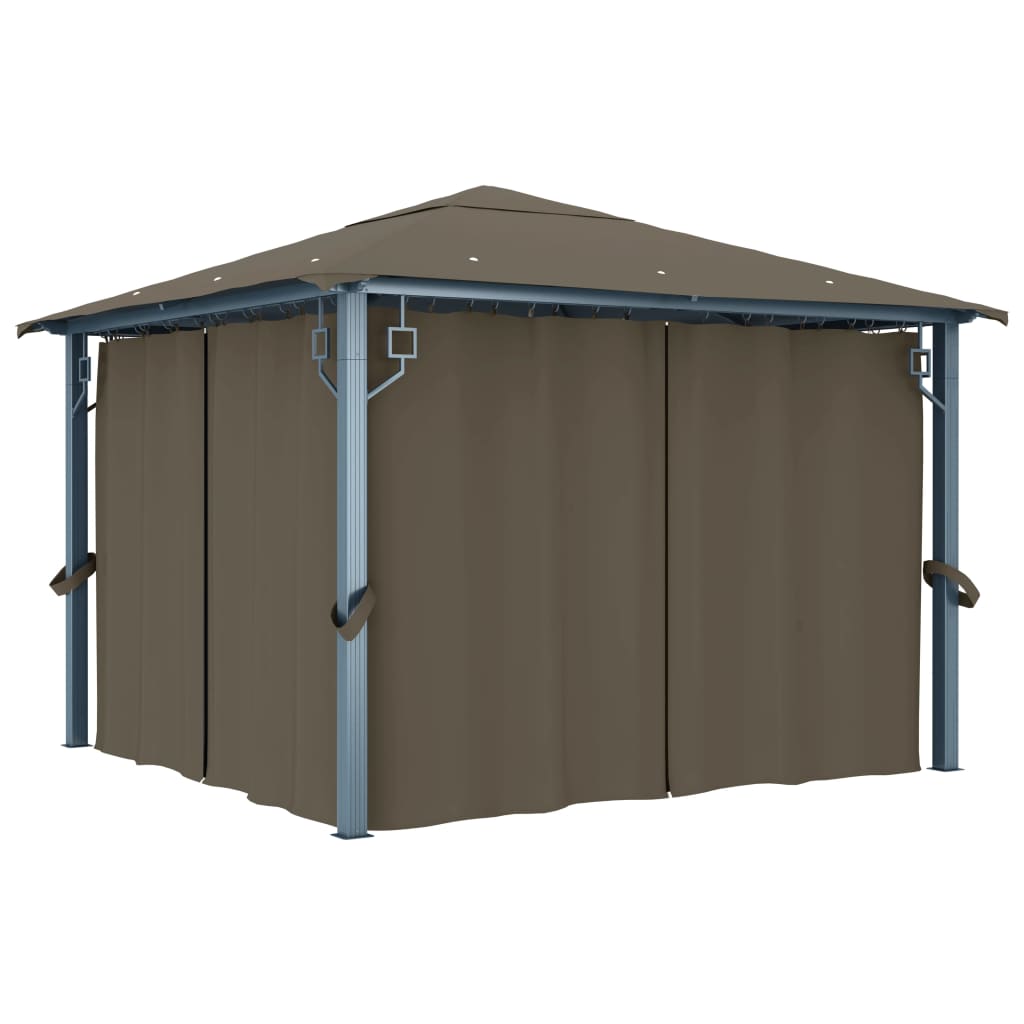 VidaXL Prieel met gordijn en LED-lichtslinger 3x3m aluminium taupe