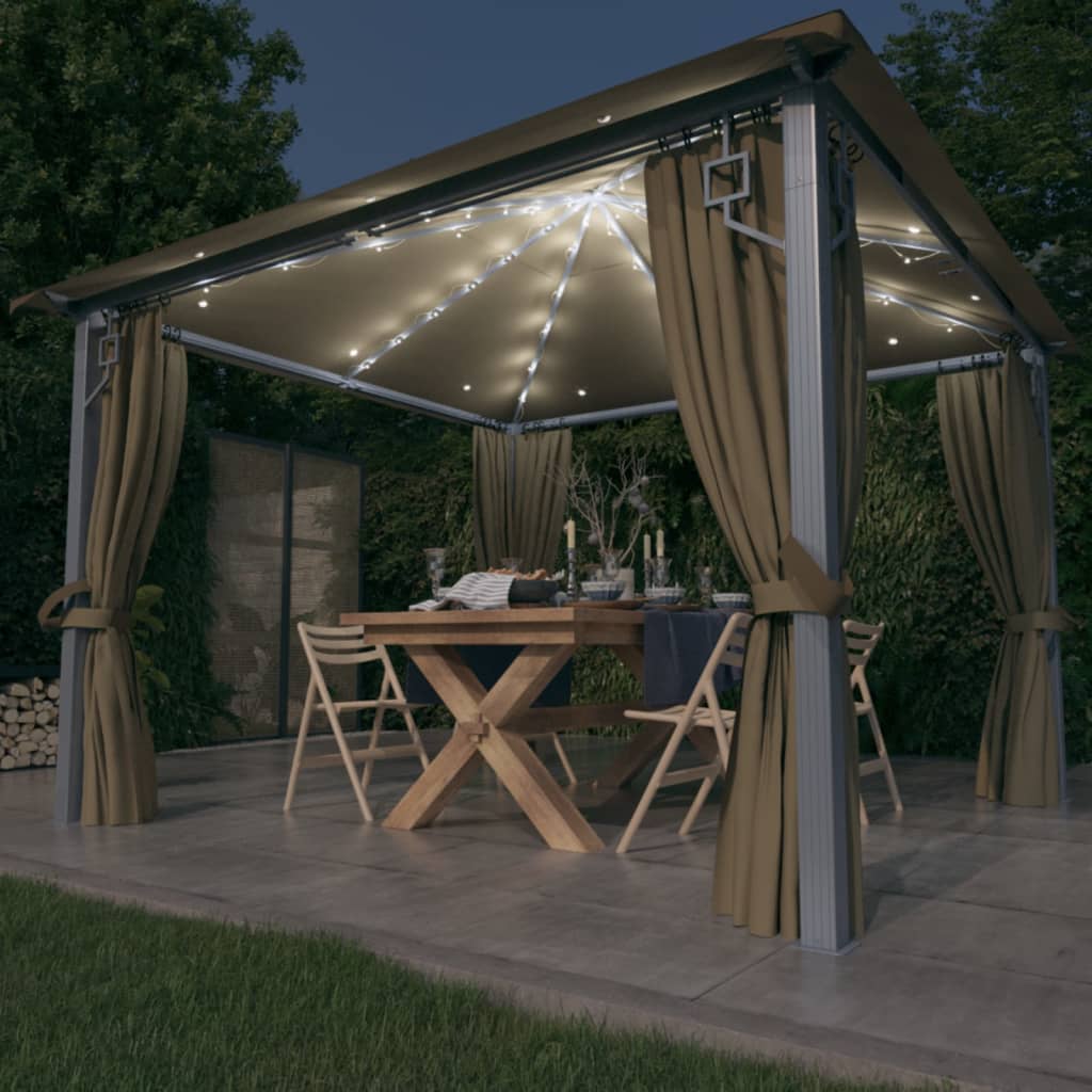 VidaXL Prieel met gordijn en LED-lichtslinger 3x3m aluminium taupe