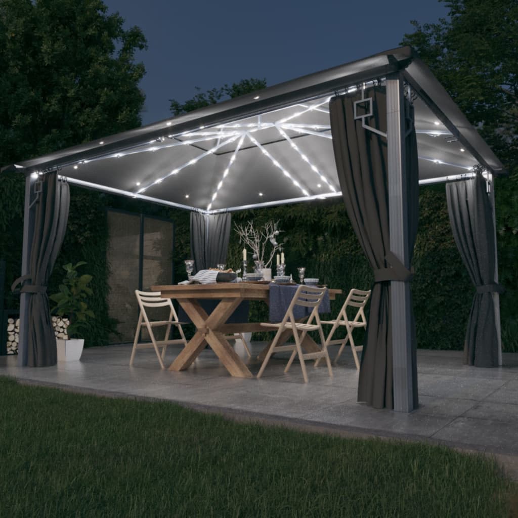 VidaXL Prieel met gordijn LED-lichtslinger 4x3m aluminium antraciet