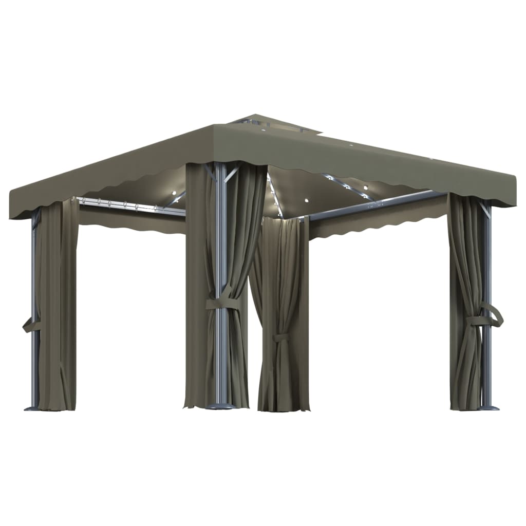 VidaXL Prieel met gordijn en LED-lichtslinger 3x3m taupe