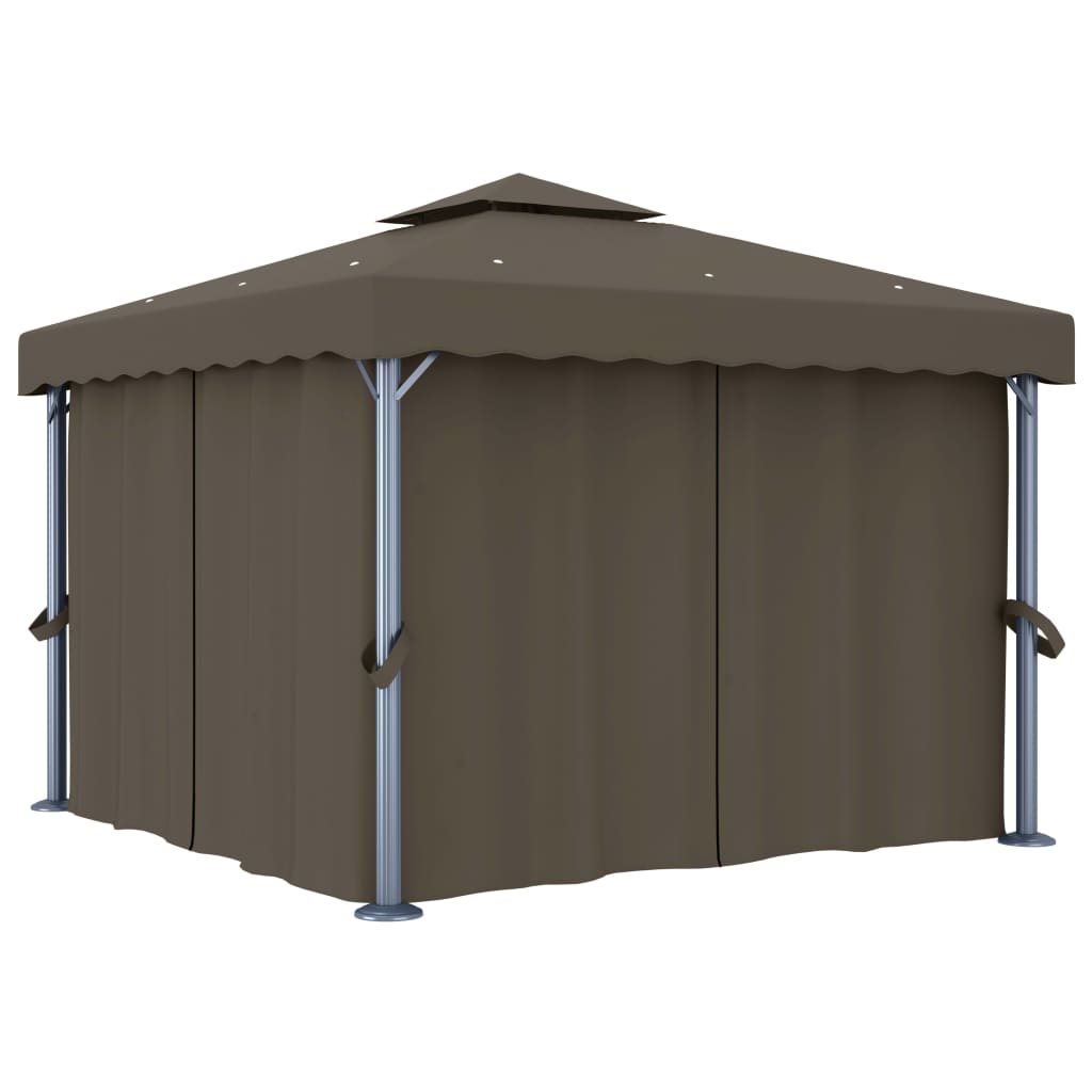 VidaXL Prieel met gordijn en LED-lichtslinger 3x3m taupe