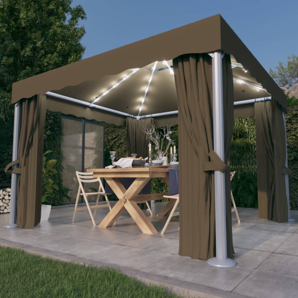 VidaXL Prieel met gordijn en LED-lichtslinger 3x3m taupe