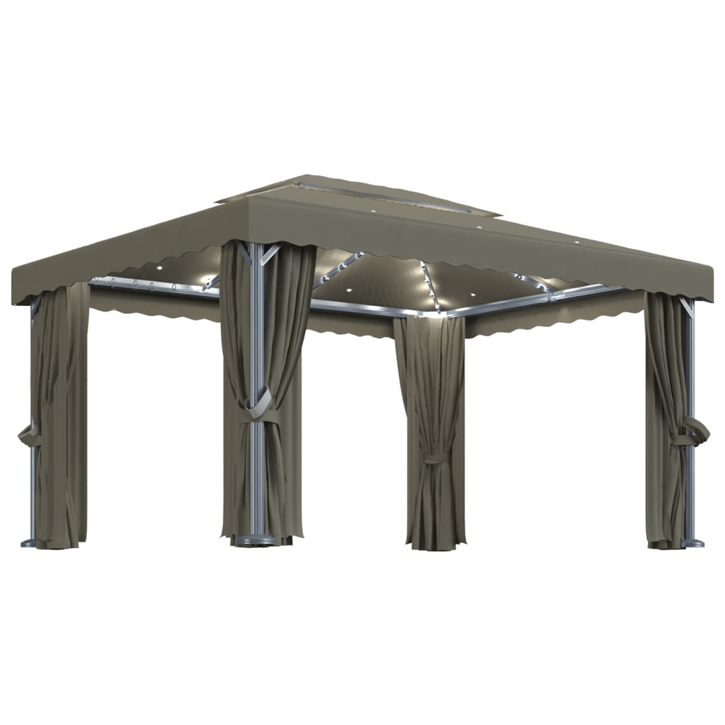 VidaXL Prieel met gordijn en LED-lichtslinger 4x3m taupe