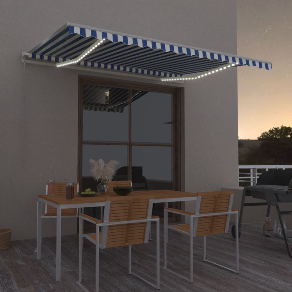 VidaXL Luifel automatisch met LED en windsensor 450x350 cm blauw wit
