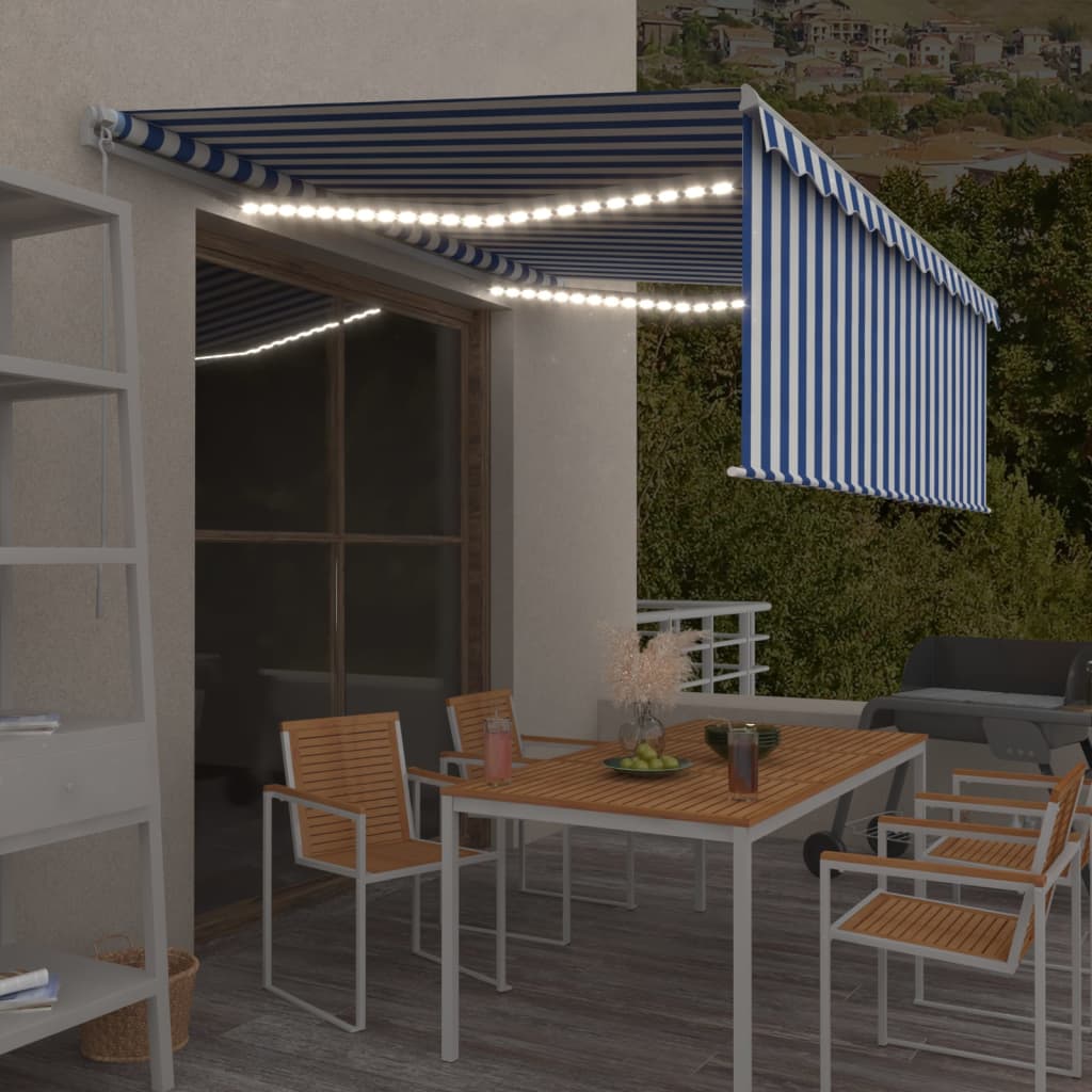 VidaXL Luifel handmatig uittrekbaar met rolgordijn LED 4x3m blauw wit