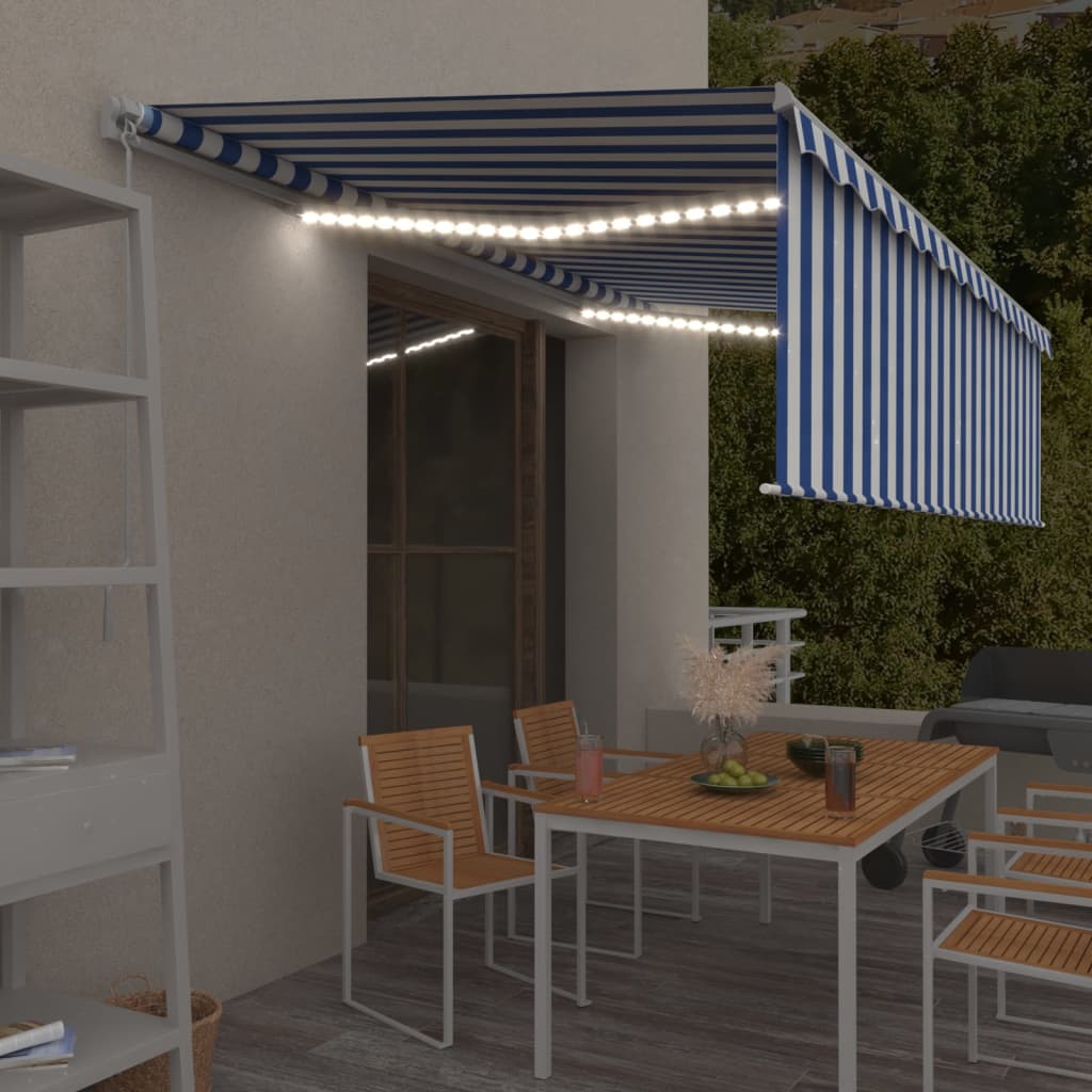 VidaXL Luifel handmatig uittrekbaar met rolgordijn LED 5x3m blauw wit