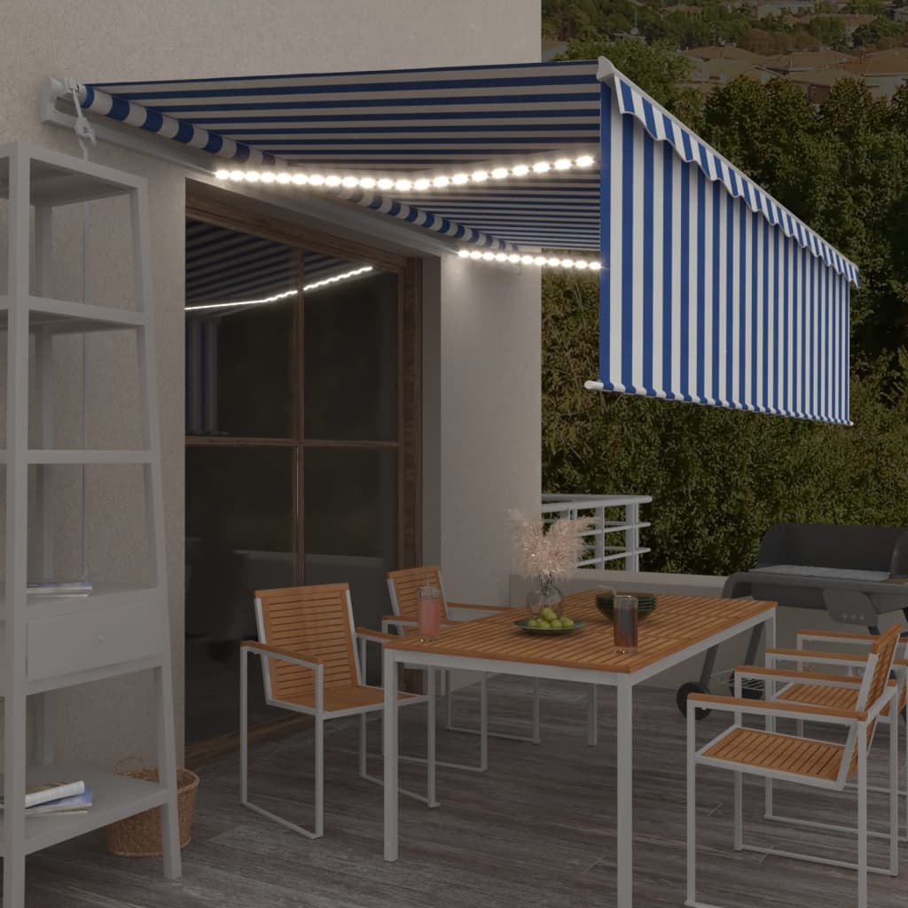 VidaXL Luifel automatisch rolgordijn LED windsensor 5x3m blauw en wit