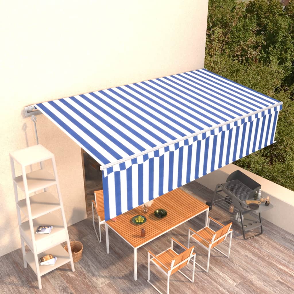 VidaXL Luifel automatisch uittrekbaar met rolgordijn 6x3m blauw wit