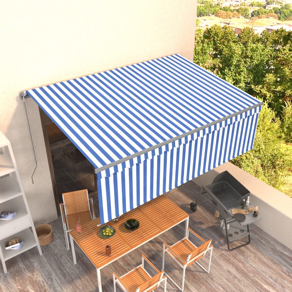 VidaXL Luifel handmatig uittrekbaar met rolgordijn LED 4x3m blauw wit