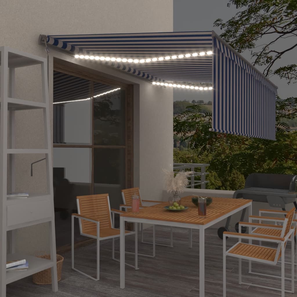 VidaXL Luifel automatisch rolgordijn LED windsensor 4x3m blauw en wit