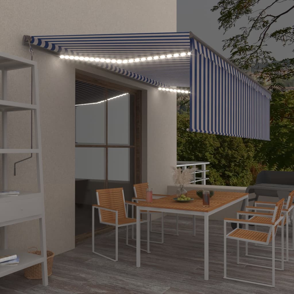 VidaXL Luifel handmatig uittrekbaar met rolgordijn LED 5x3m blauw wit