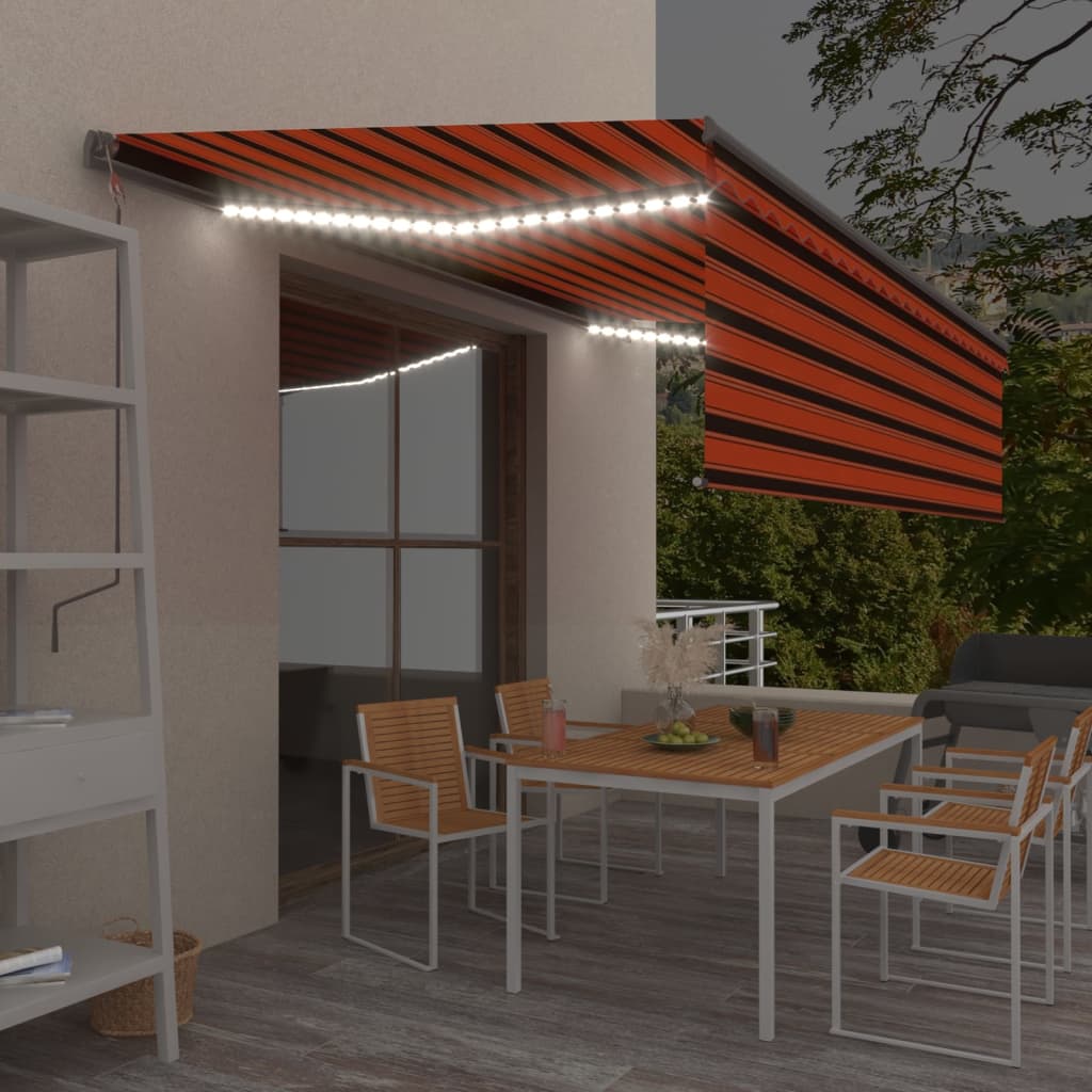 VidaXL Luifel automatisch rolgordijn LED windsensor 5x3m oranje bruin