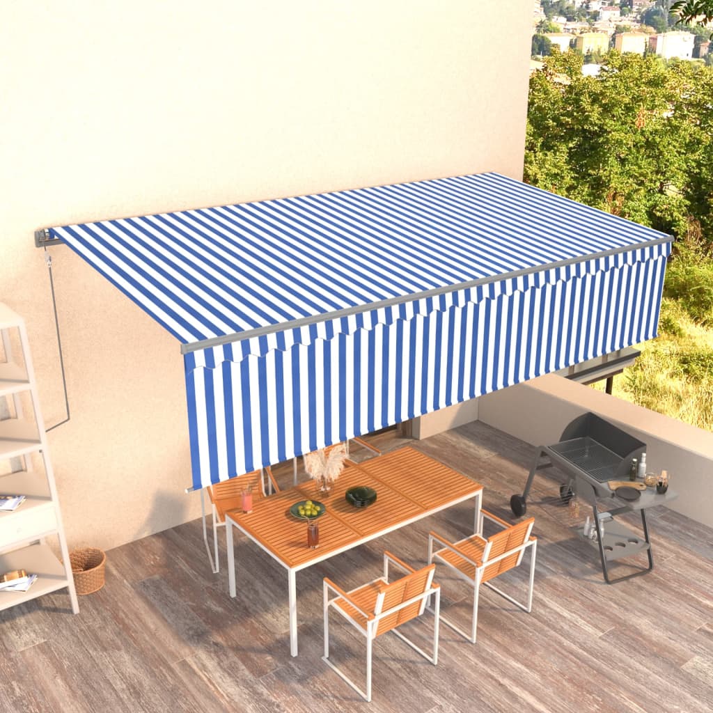 VidaXL Luifel automatisch uittrekbaar met rolgordijn 6x3m blauw wit