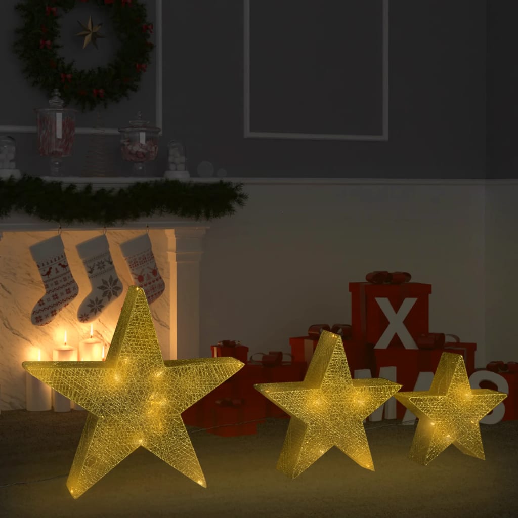 VidaXL Kerstdecoratiesterren 3 st LED buiten binnen mesh goudkleurig