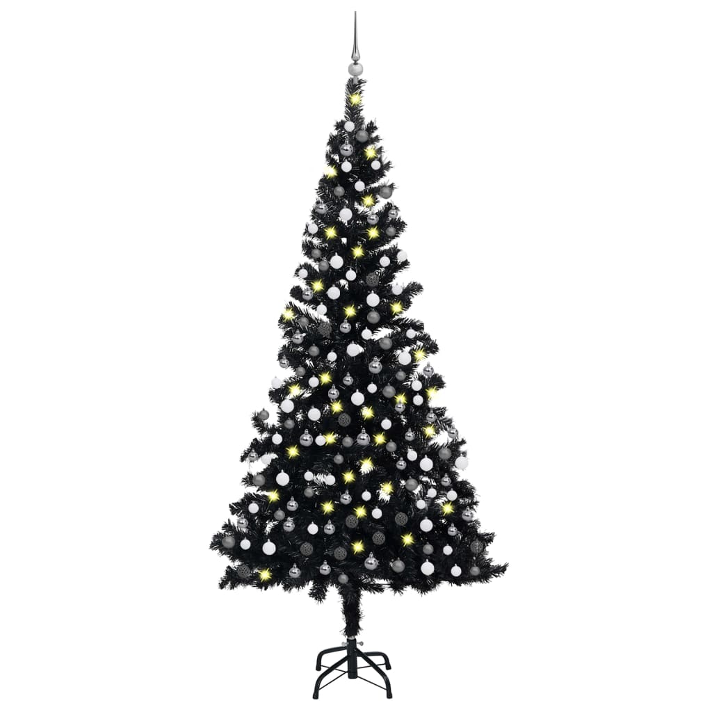 VidaXL Kunstkerstboom met verlichting en kerstballen 210 cm PVC zwart