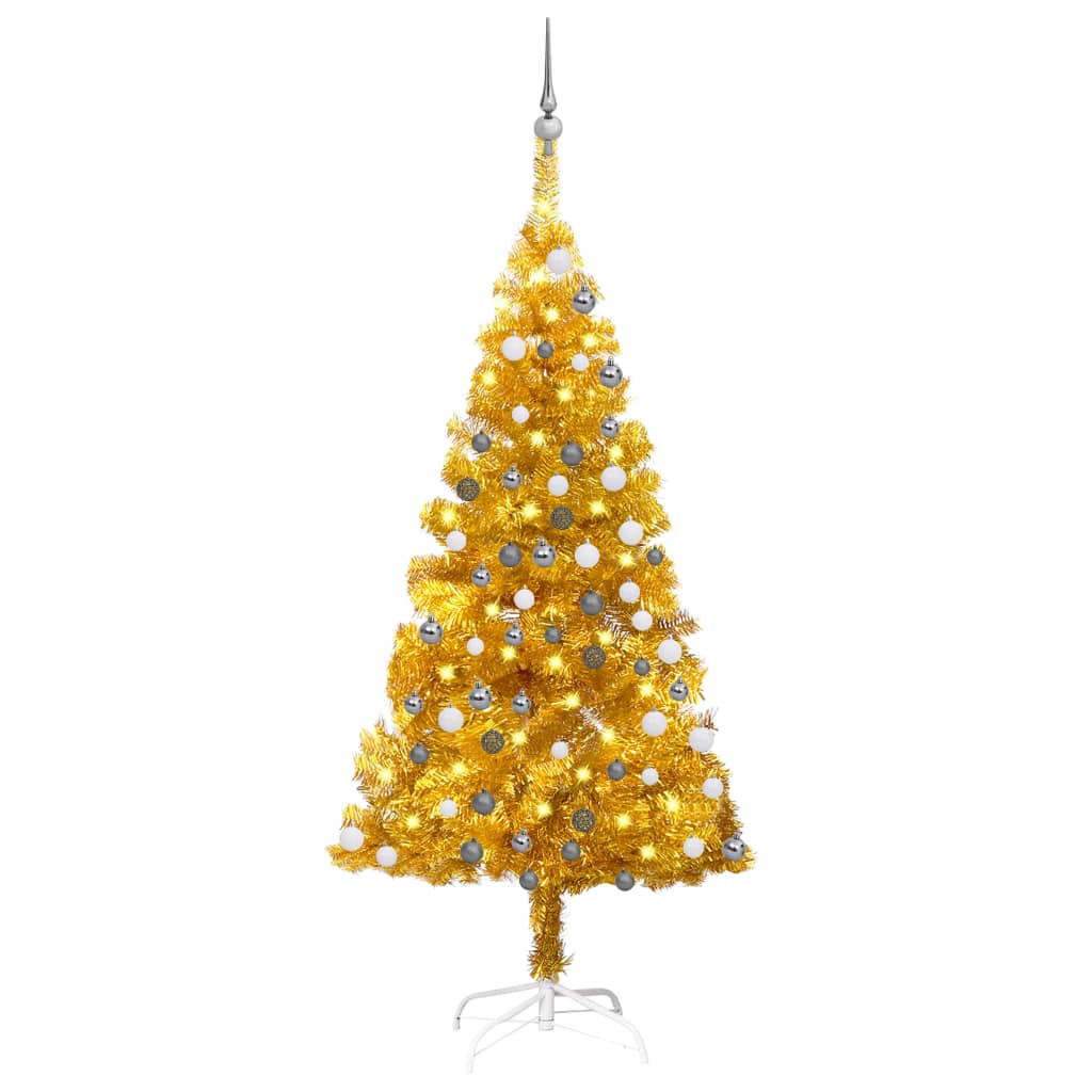VidaXL Kunstkerstboom met verlichting en kerstballen 150 cm PET goud