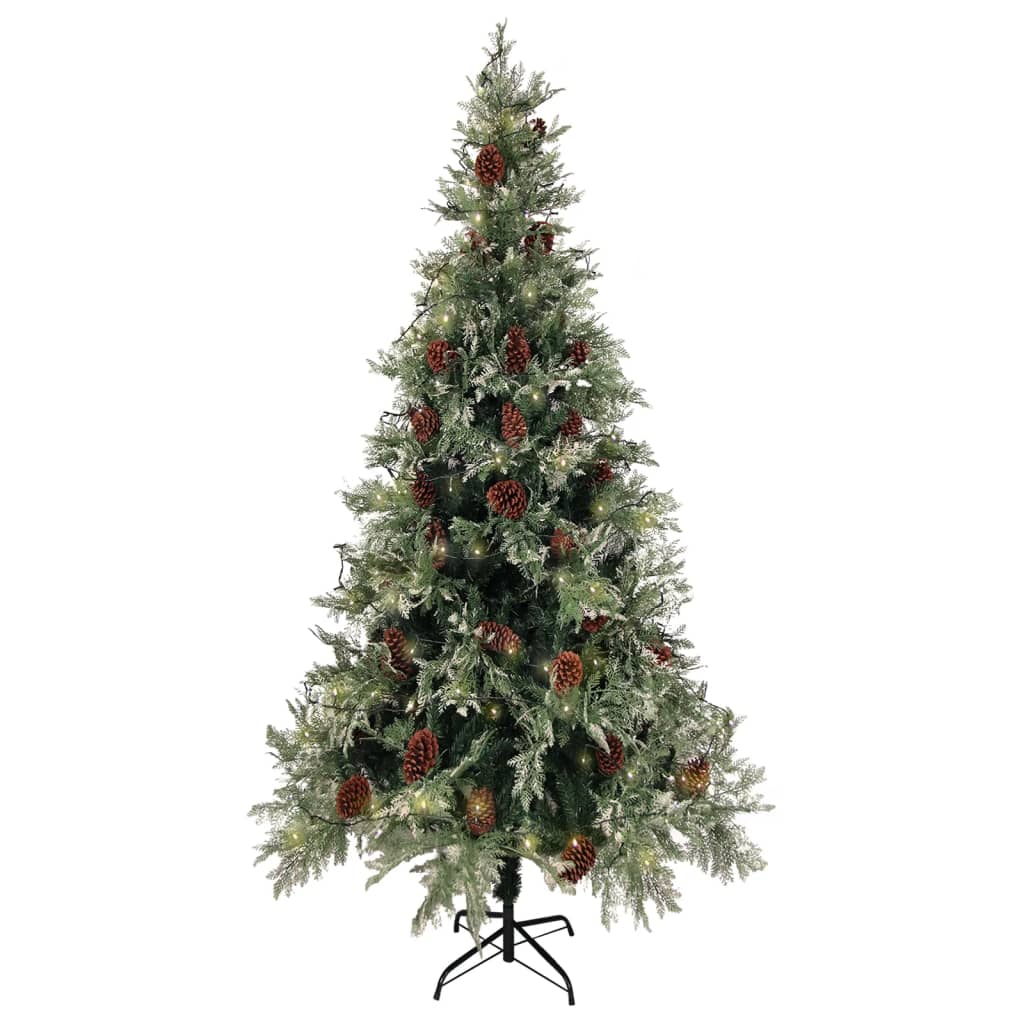 Vidaxl kerstboom met led en dennenappels 225 cm pvc en pe groen en wit
