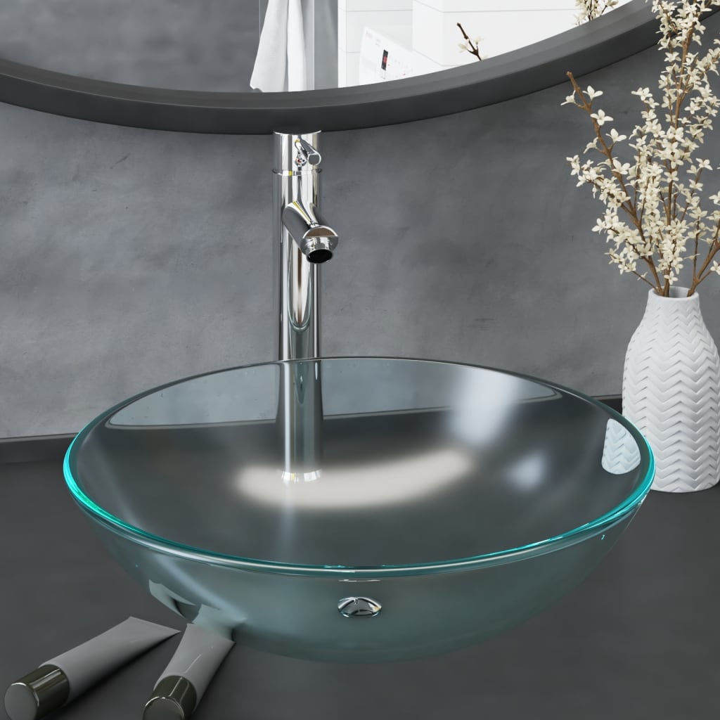 VidaXL Wastafel met kraan en pop-up afvoermat gehard glas