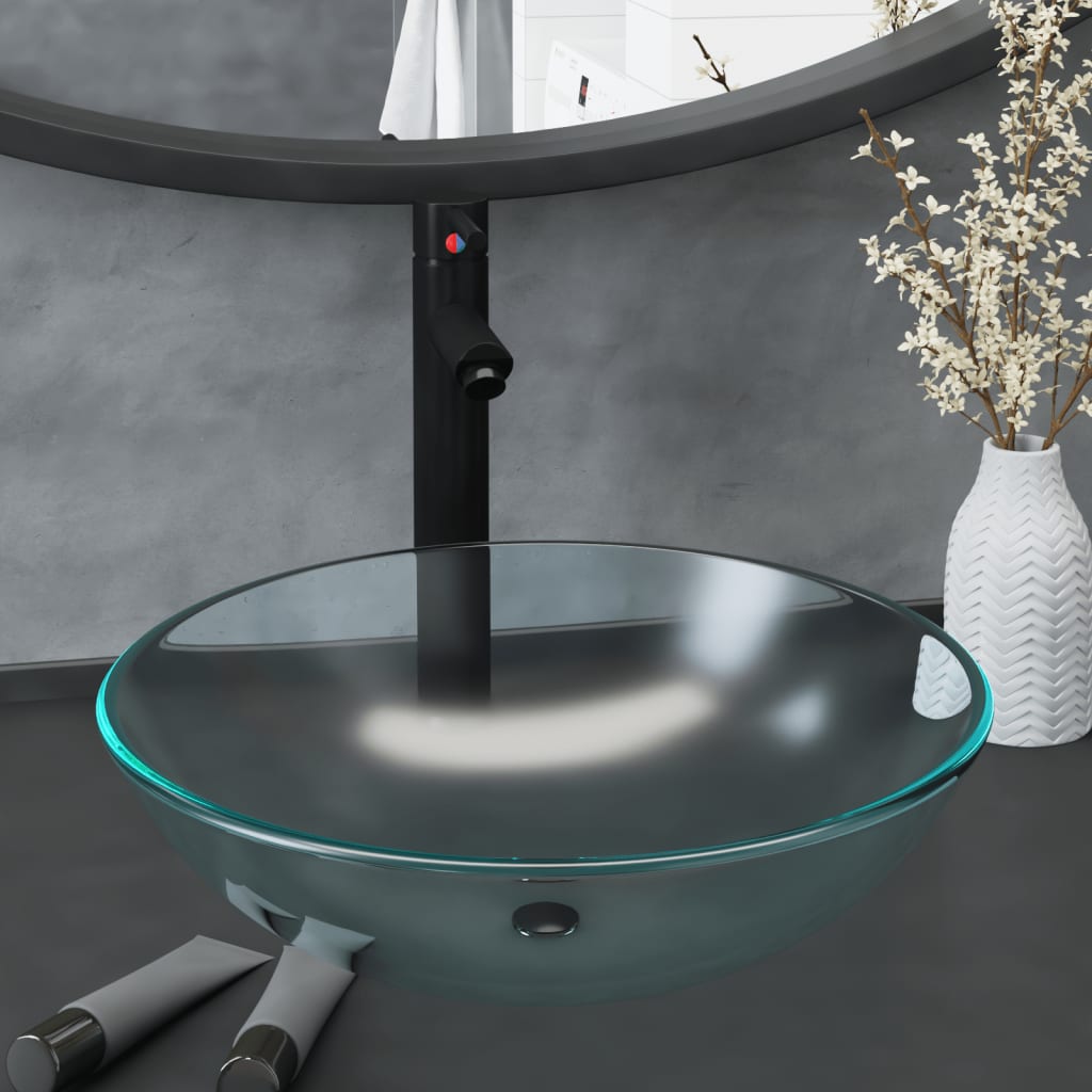 VidaXL Wastafel met kraan en pop-up afvoermat gehard glas