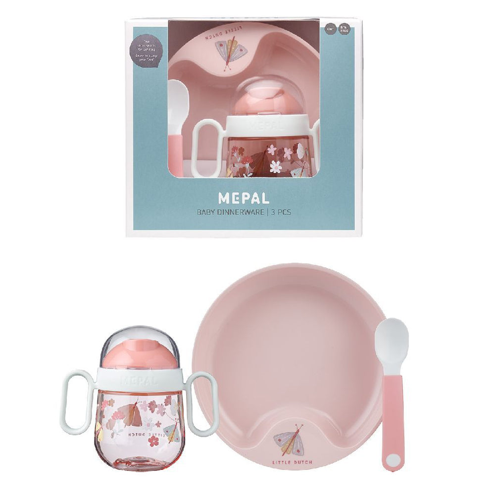 Mepal servies kleine hollandse bloemen en vlinders 3-delig roze