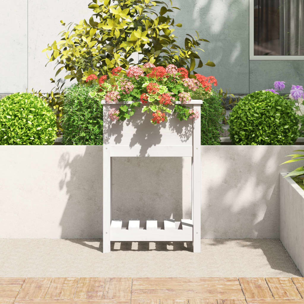 Vidaxl plantenbak met schap 54x34,5x81 cm massief groenenhout wit