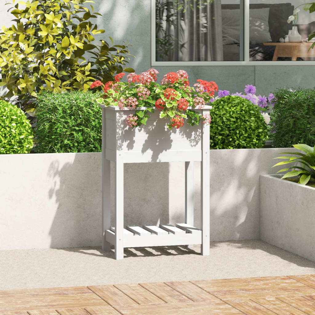 Vidaxl plantenbak met schap 54x34,5x81 cm massief groenenhout wit