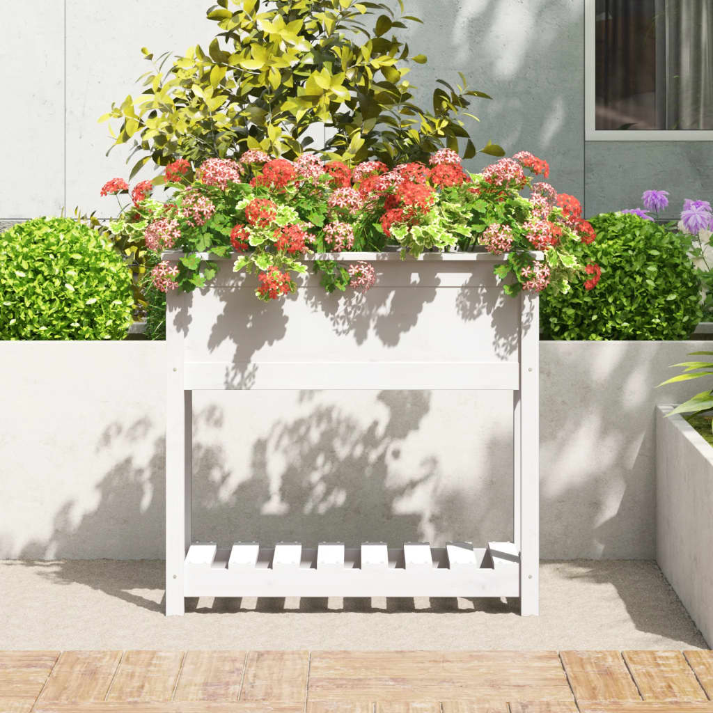 Vidaxl plantenbak met schap 82,5x34,5x81 cm massief groenhout wit