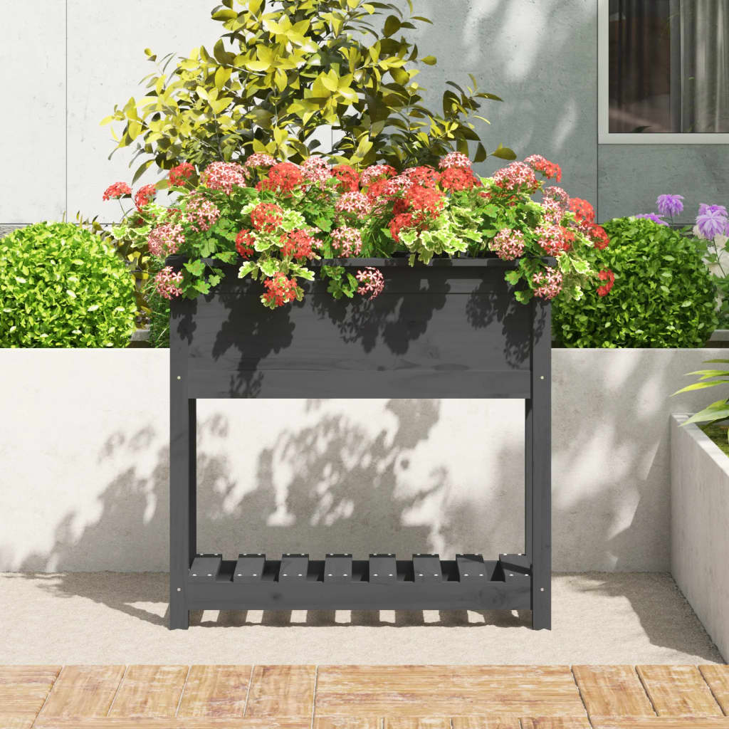 Vidaxl plantenbak met schap 82,5x34,5x81 cm massief groenenhout grijs