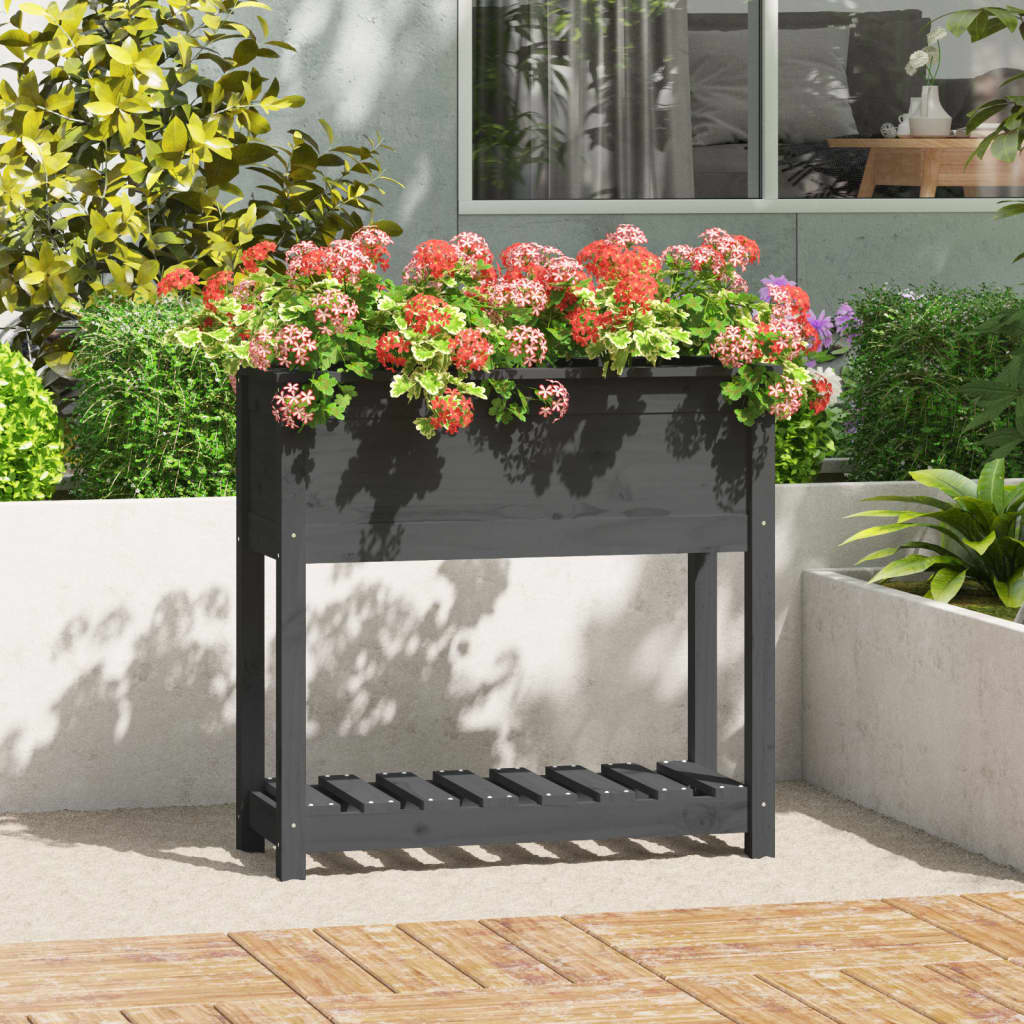 Vidaxl plantenbak met schap 82,5x34,5x81 cm massief groenenhout grijs