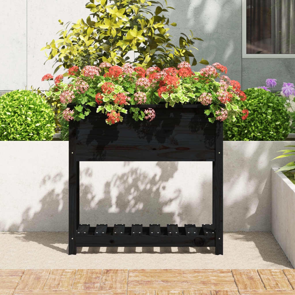 Vidaxl plantenbak met schap 82,5x34,5x81 cm massief groenenhout zwart