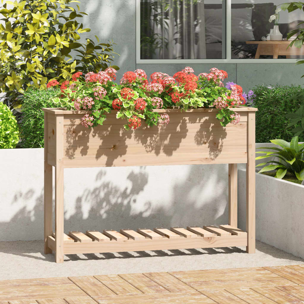 Vidaxl plantenbak met schap 111,5x34,5x81 cm massief groenhout