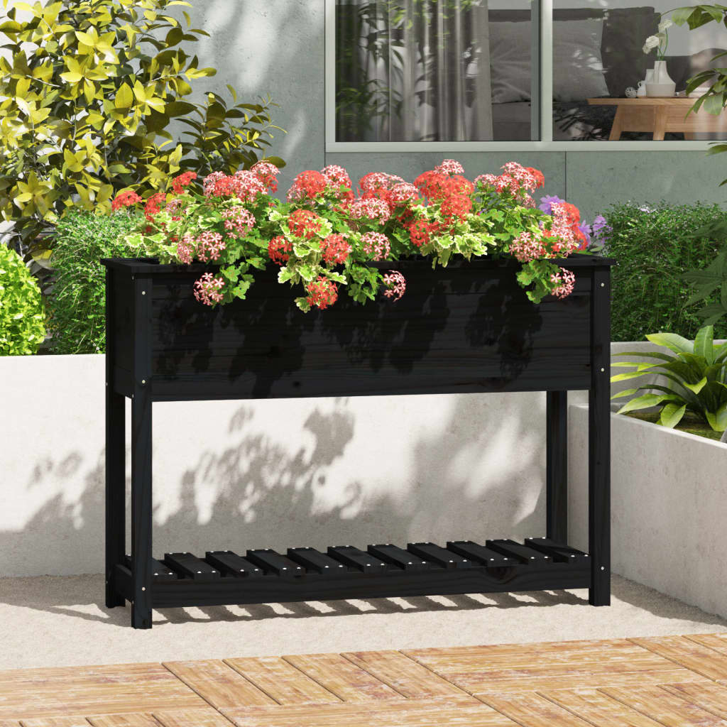 Vidaxl plantenbak met schap 111,5x34,5x81 cm massief groenenhout zwart