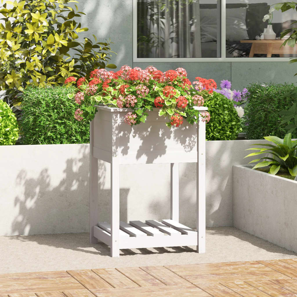 Vidaxl plantenbak met schap 54x54x81 cm massief groenhout wit