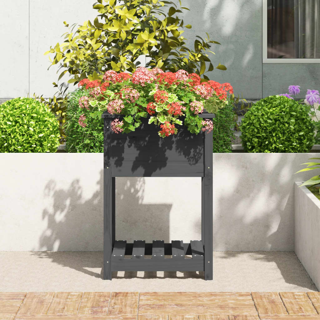 Vidaxl plantenbak met schap 54x54x81 cm massief groenenhout grijs