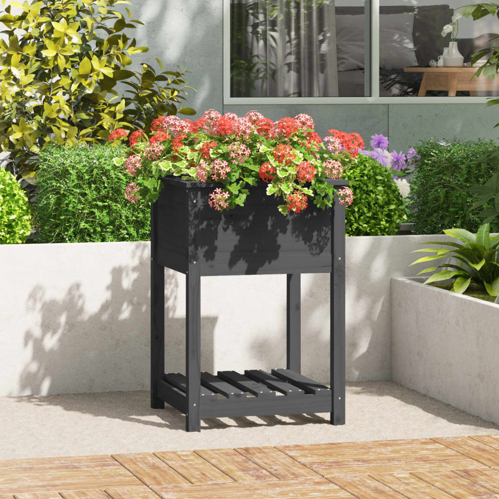Vidaxl plantenbak met schap 54x54x81 cm massief groenenhout grijs