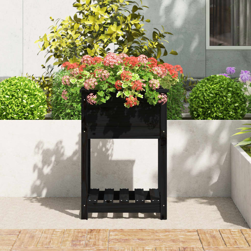 Vidaxl plantenbak met schap 54x54x81 cm massief groenenhout zwart