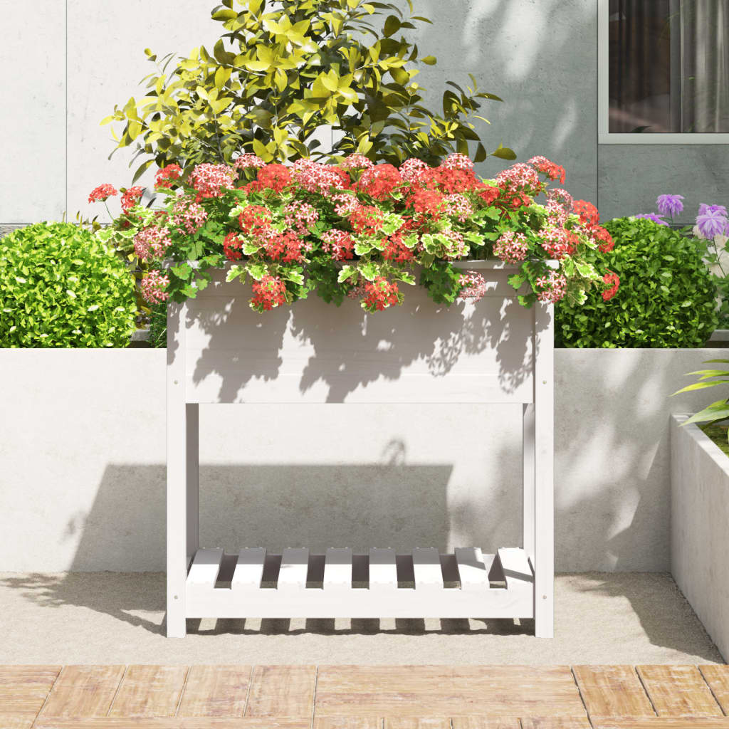 Vidaxl plantenbak met schap 82,5x54x81 cm massief groenhout wit