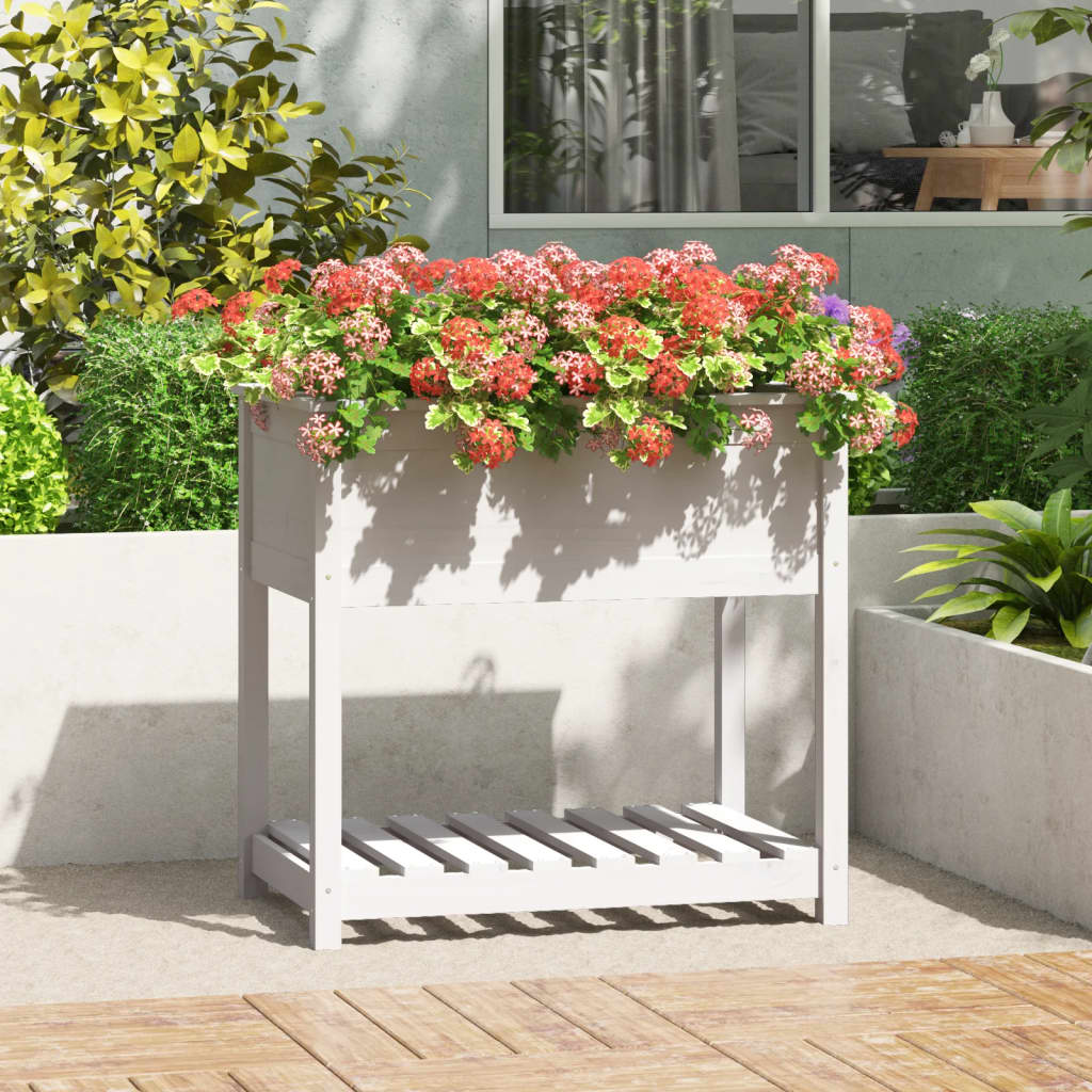 Vidaxl plantenbak met schap 82,5x54x81 cm massief groenhout wit