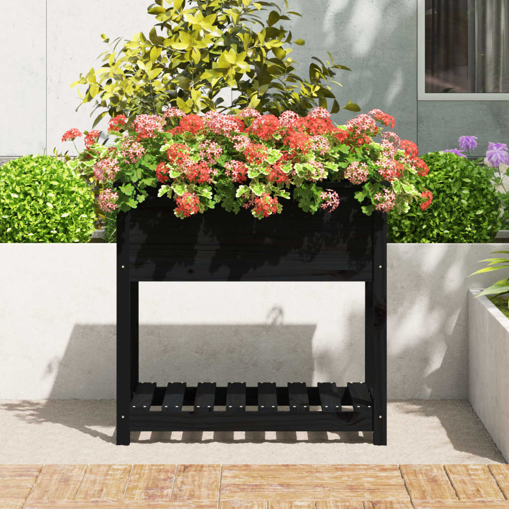 Vidaxl plantenbak met schap 82,5x54x81 cm massief groenenhout zwart