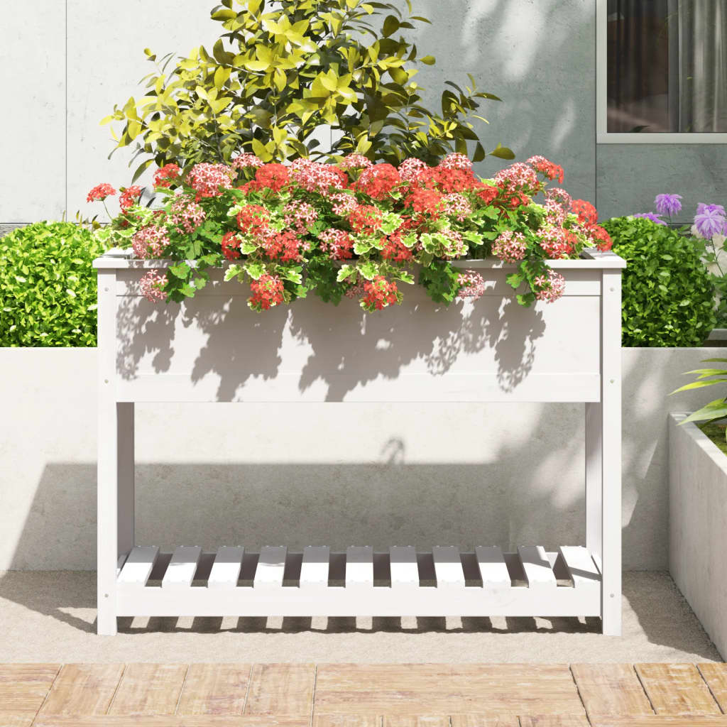Vidaxl plantenbak met schap 111,5x54x81 cm massief groenhout wit