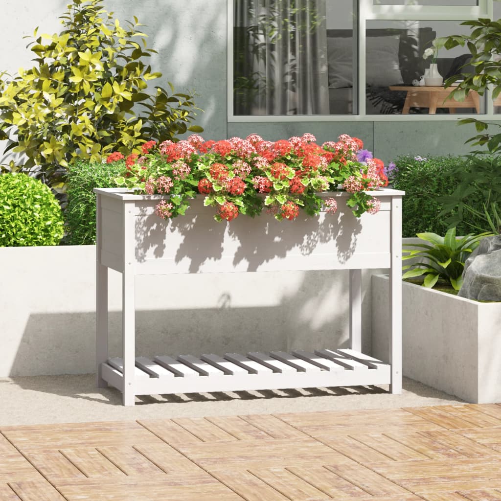 Vidaxl plantenbak met schap 111,5x54x81 cm massief groenhout wit