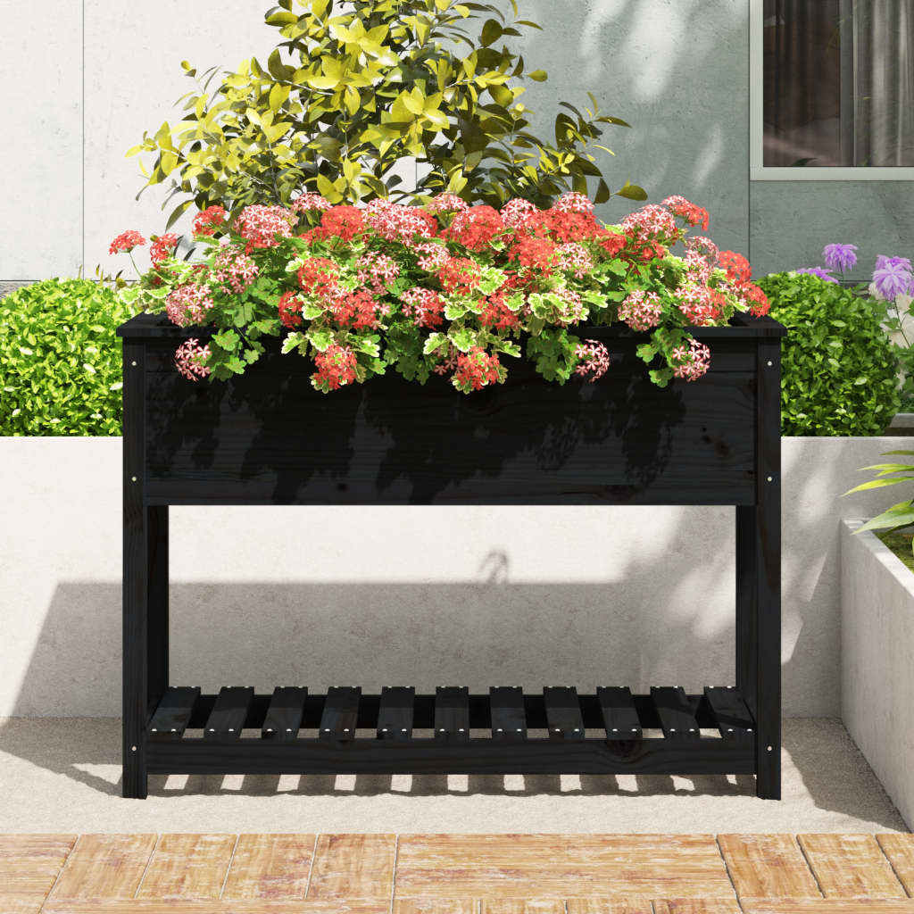 Vidaxl plantenbak met schap 111,5x54x81 cm massief groenenhout zwart