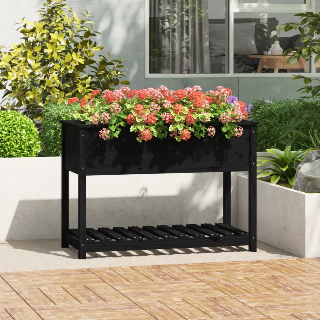 Vidaxl plantenbak met schap 111,5x54x81 cm massief groenenhout zwart
